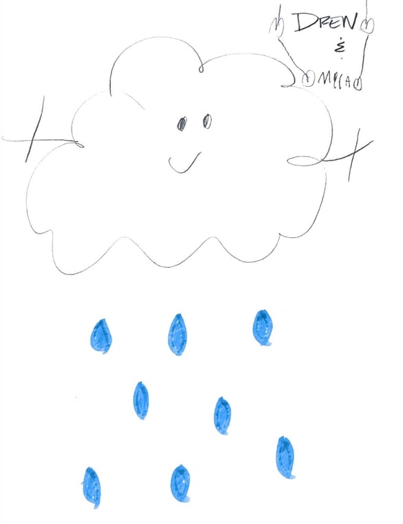 Drawing of a smiling rain cloud with blue drops, signed Drew and Mila
