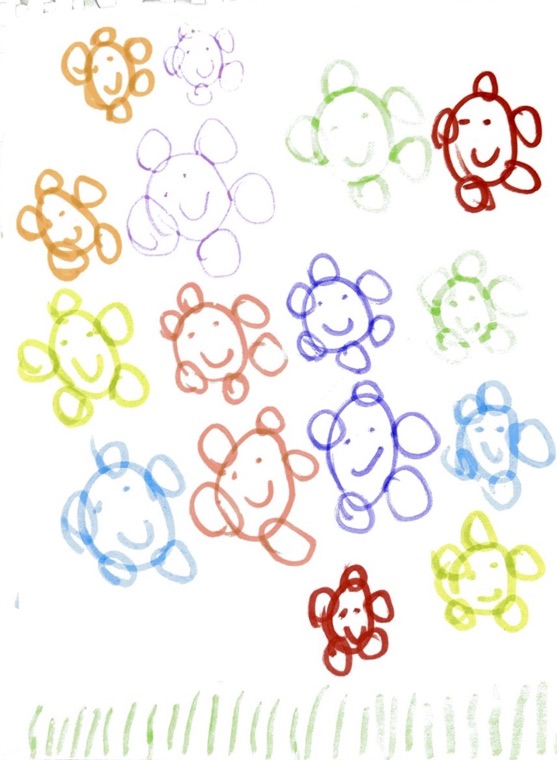 Drawing of smiling flowers above the grass