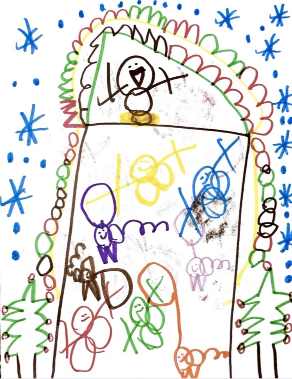 Drawing of a house full of people in the snow