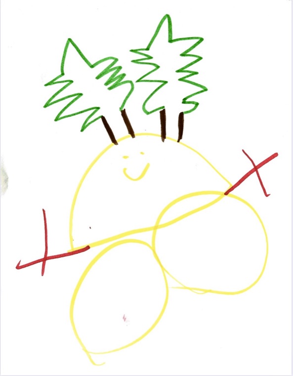 Drawing of a smiling snowman with two trees for hair