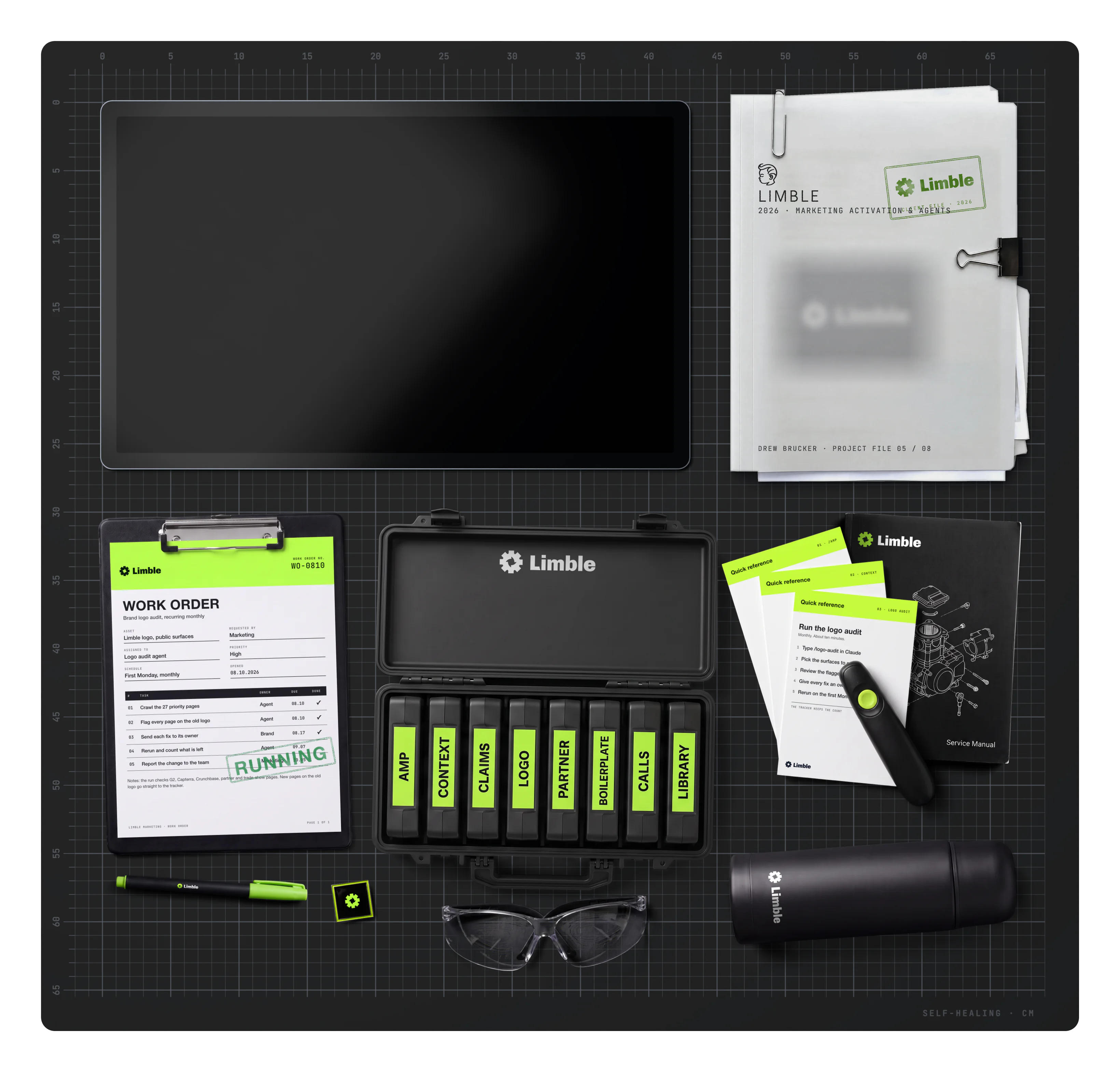 Limble on the desk: the project file, a Limble work order on a clipboard, stamped RUNNING, a Limble marker, a Limble enamel pin, an equipment case of eight agent cartridges, safety glasses, a Limble service manual, quick-reference cards under a slide clicker and a Limble thermos