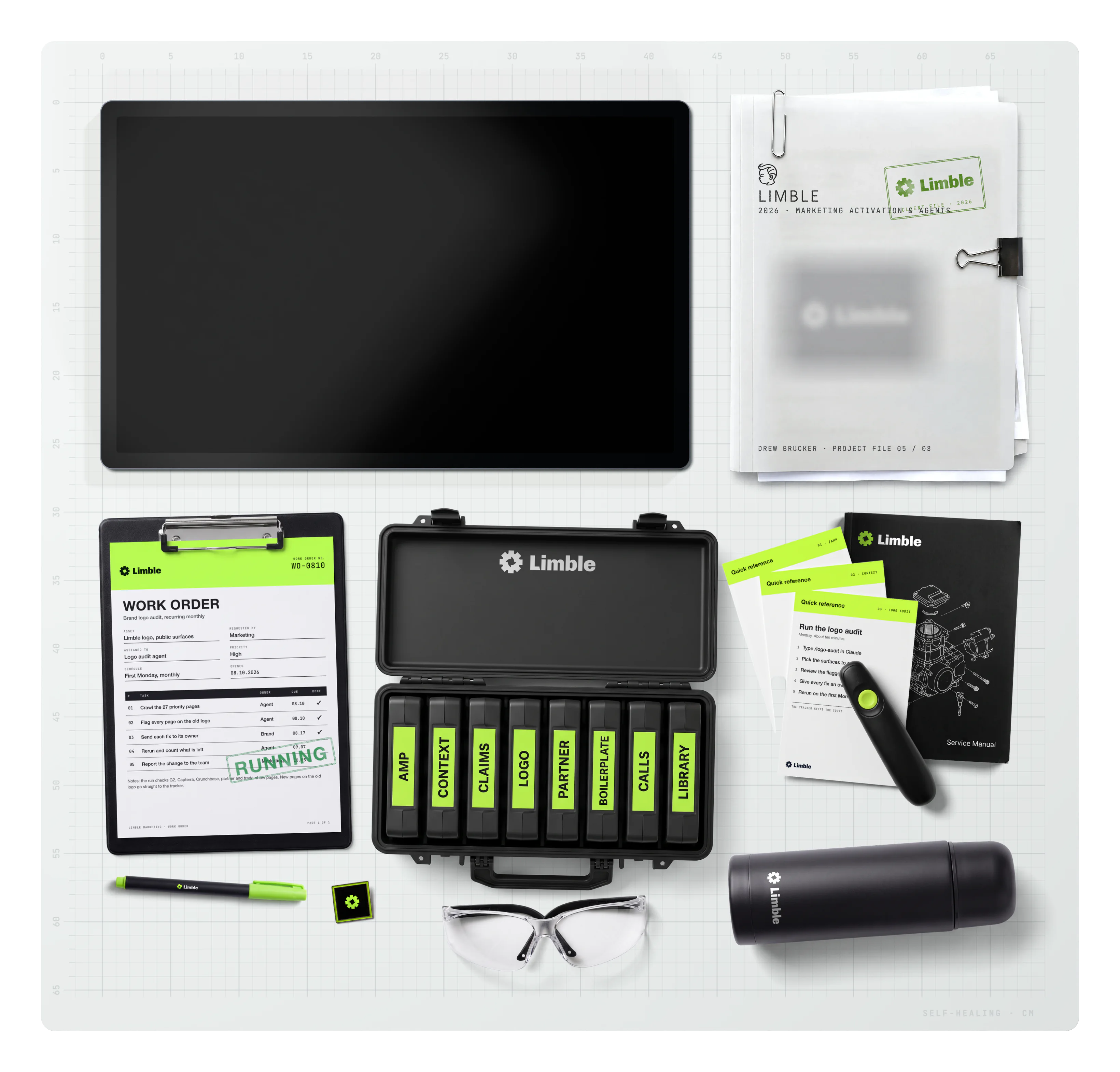 Limble on the desk: the project file, a Limble work order on a clipboard, stamped RUNNING, a Limble marker, a Limble enamel pin, an equipment case of eight agent cartridges, safety glasses, a Limble service manual, quick-reference cards under a slide clicker and a Limble thermos