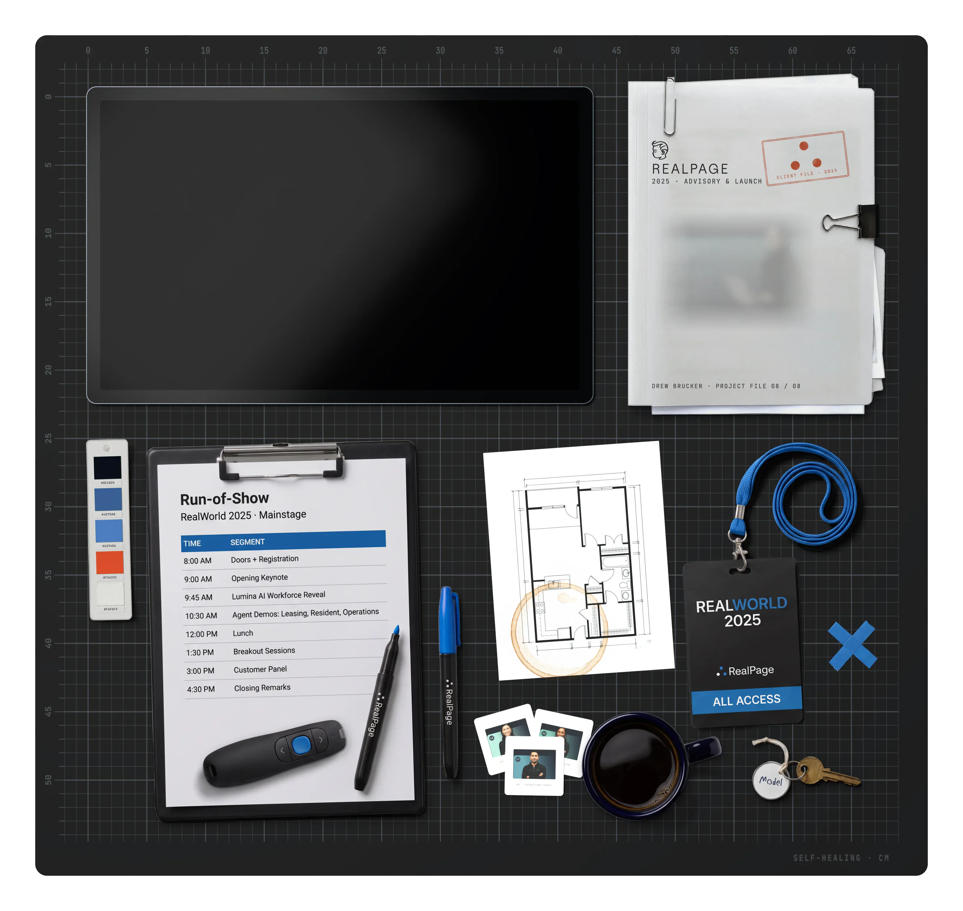 RealPage on the desk: the project file, the brand swatch, a RealWorld run-of-show on a clipboard, a presentation clicker, a floor plan, a coffee ring, slides, a mug of coffee, a RealWorld 2025 ALL ACCESS badge and an apartment key